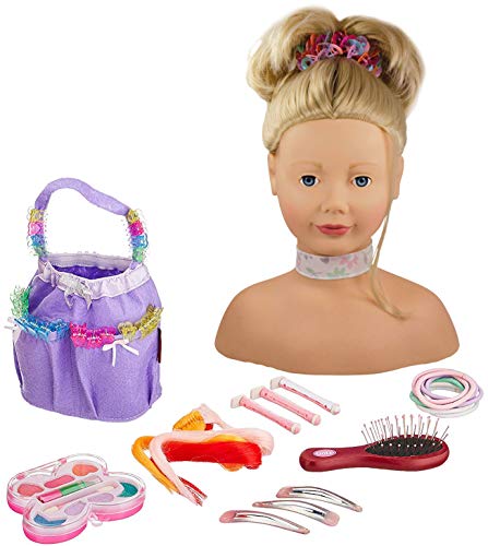 Gotz 1192052 Peluquín con Pelo Rubio y Ojos Azules - 28 cm Alta Cabezal de Maquillaje / Cabezal de Vestir - Juego de 58 Piezas - Adecuado para niñas a Partir de 3 años