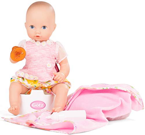 Gotz 1753033 Aquini Chica Daisy Do - Muñeca de baño de 33 cm sin Pelo con Ojos Pintados de Azul - Juego de 7 Piezas con Chupete - Muñeca bebé a Partir de 18 Meses