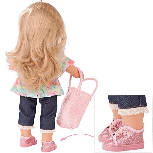 Gotz 1990310 Precious Day Girls Jessica Amor de flamencos - Muñeca de pie de 46 cm de Altura, Pelo Largo Rubio, Ojos Azules para Dormir Juego de 7 Piezas