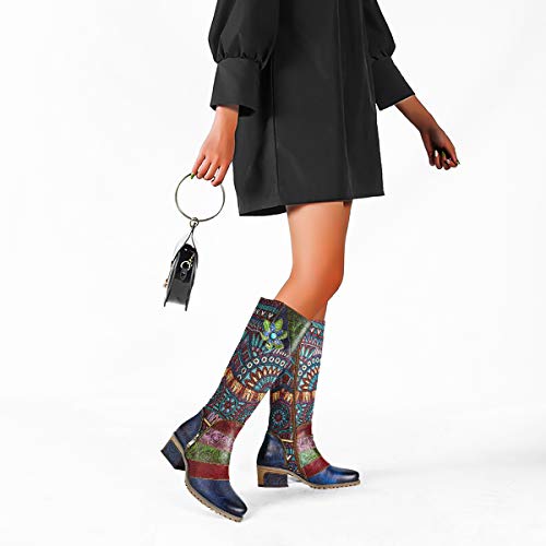 gracosy Botas de Cuero Mujer Otoño e Invierno 2019 Tacon Alto Estilo Bohemio Corte Retro Hecho a Mano Botas de Nieve Patrón de Flores Zapatos Calientes En el Medio Colorido