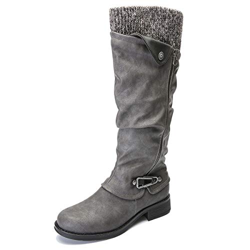 gracosy Botas de Mujer Otoño Invierno 2020 Tacon Bajo Zapatos Largas Botas Forrado de Piel Antideslizante Cómodo Cremallera Hebilla,Negro Marrón Gris