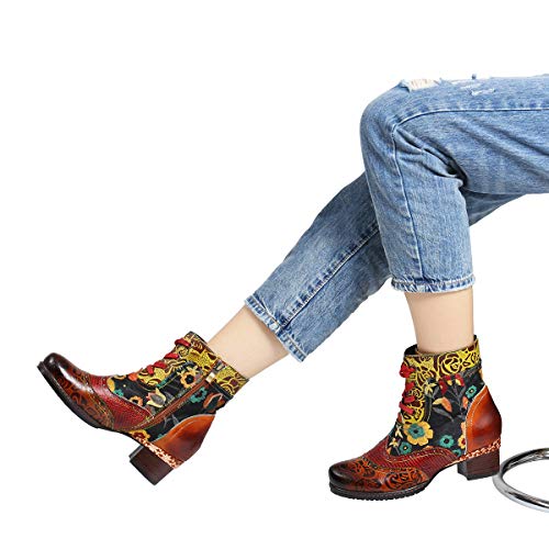 gracosy Botines de Cuero para Mujeres,Otoño e Invierno 2019 Bloque de Pata Flor Original Hecho a Mano Estilo Bohemio Nacional Rico en Color Cómodo Suela Blanda Cremallera