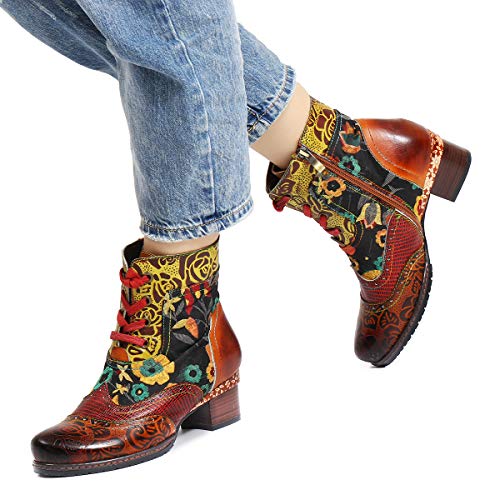 gracosy Botines de Cuero para Mujeres,Otoño e Invierno 2019 Bloque de Pata Flor Original Hecho a Mano Estilo Bohemio Nacional Rico en Color Cómodo Suela Blanda Cremallera