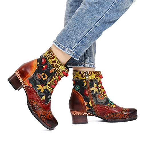 gracosy Botines de Cuero para Mujeres,Otoño e Invierno 2019 Bloque de Pata Flor Original Hecho a Mano Estilo Bohemio Nacional Rico en Color Cómodo Suela Blanda Cremallera
