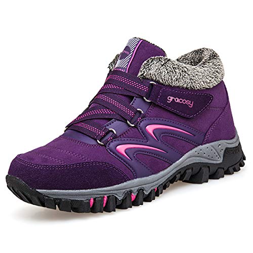 gracosy Mujer Botas de Nieve Senderismo Zapatos Antideslizantes Trekking Zapatos Invierno Piel de Forro Sneakers Transpirables