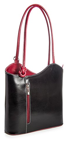 Gran bolso de mujer estilo shopping de piel italiana para llevar al hombro o como mochila, piel tela, Black - Red Trim, Medium