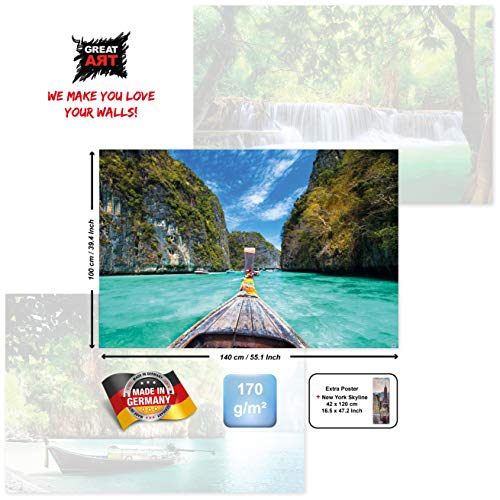 GREAT ART Juego de 3 Carteles XXL – Imágenes de Tailandia – Cascada Barco Cola Larga trópicos bahía Selva diseño decoración de la Pared decoración de Interiores Cada 140 x 100 cm