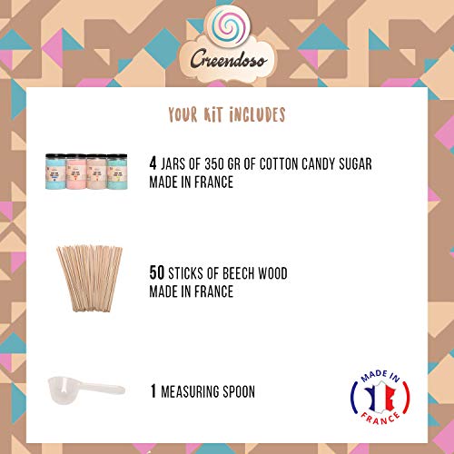 Greendoso-Azúcar para Algodón de Azúcar, Nubes, Paquete de 1,4 Kg (Fresa-Cola-Frambuesa-Manzana) Polvo para Máquina + 50 Palitos de 30 Cm (Ofrecido) + 1 Cuchara Graduada