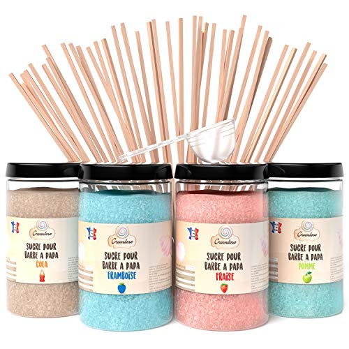 Greendoso-Azúcar para Algodón de Azúcar, Nubes, Paquete de 1,4 Kg (Fresa-Cola-Frambuesa-Manzana) Polvo para Máquina + 50 Palitos de 30 Cm (Ofrecido) + 1 Cuchara Graduada