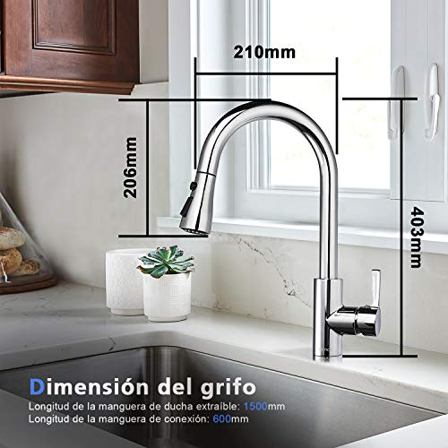 Grifo de Cocina, DALMO DAKF3F, Grifo Cocina extraible con Caño giratorio de 3 Modos de Rociado Rociador desplegable, Manija única de Arco Alto Extraiga, Acero Inoxidable Grifo de Cocina sin Plomo