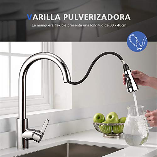 Grifo de Cocina, DALMO DAKF3F, Grifo Cocina extraible con Caño giratorio de 3 Modos de Rociado Rociador desplegable, Manija única de Arco Alto Extraiga, Acero Inoxidable Grifo de Cocina sin Plomo