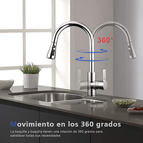Grifo de Cocina, DALMO DAKF3F, Grifo Cocina extraible con Caño giratorio de 3 Modos de Rociado Rociador desplegable, Manija única de Arco Alto Extraiga, Acero Inoxidable Grifo de Cocina sin Plomo