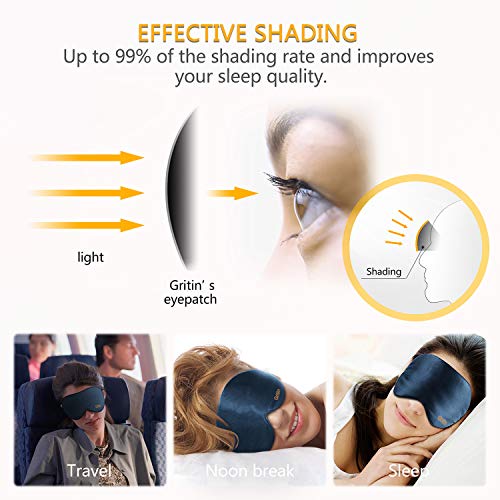 Gritin Antifaz para Dormir, 100% Anti-Luz Opaco Cómoda Agradable para la Piel Tela de Seda Natural Puro y Puros de Algodón Relleno Antifaces Máscara(Azul Oscuro)