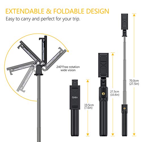 Gritin Palo Selfie Trípode, 3 en 1 Selfie Stick Móvil Bluetooth con Inalámbrico Control Remoto, Monópode Extensible para iPhone 11 Pro Max / 11 Pro / XS Max / XR / 8, Galaxy S10 / S9 , Huawei, Xiaomi