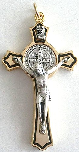 GTBItaly - Crucifijo con medalla del exorcista San Benito, dorado y perfilado con esmalte negro, 8 cm