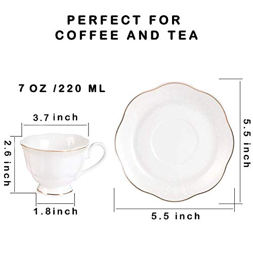 GuangYang Juegos de Tazas Café Cappuccino Porcelana - 7OZ Set de Regalo de 6 Relieve con Borde Dorado Juegos De Tazas De Té Inglesa Tazas y Platoes