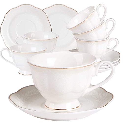 GuangYang Juegos de Tazas Café Cappuccino Porcelana - 7OZ Set de Regalo de 6 Relieve con Borde Dorado Juegos De Tazas De Té Inglesa Tazas y Platoes