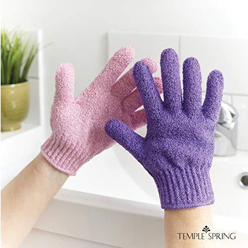 Guantes exfoliantes, manoplas exfoliantes de bambú, exfoliante para baño/ducha, manopla de exfoliación corporal, exfoliantes de belleza/esponja vegetal, removedor de vello encarnado (Rosado/Morada)