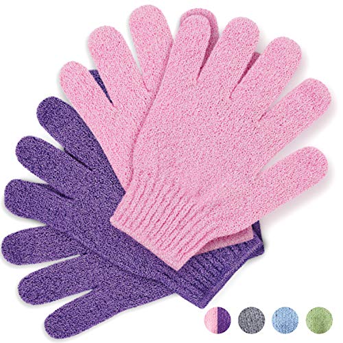 Guantes exfoliantes, manoplas exfoliantes de bambú, exfoliante para baño/ducha, manopla de exfoliación corporal, exfoliantes de belleza/esponja vegetal, removedor de vello encarnado (Rosado/Morada)