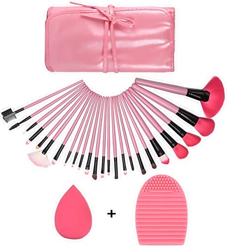 GUSODOR Profesional 24 pcs/set Pinceles de cosméticos multifunción Powder Set de pinceles de maquillaje cosmético y negro/rosa Funda de cuero de la PU Sponge Puff+pincel de limpieza de color rosa