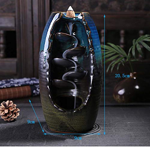 Guwheat Quemador de Incienso de Porcelana (Incienso de Palo/Cono/Bobina) Cuenco de Bandeja de Cera de cerámica con sostenedor de Palo de Incienso de Calabaza de latón (Cascada L)