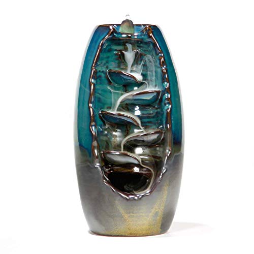 Guwheat Quemador de Incienso de Porcelana (Incienso de Palo/Cono/Bobina) Cuenco de Bandeja de Cera de cerámica con sostenedor de Palo de Incienso de Calabaza de latón (Cascada L)