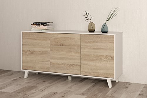 Habitdesign 0F6638BO - Aparador Buffet salón Comedor 3 Puertas, Color Blanco Brillo y Roble Canadian, Medidas: 154 x 75 x 41 cm de Fondo