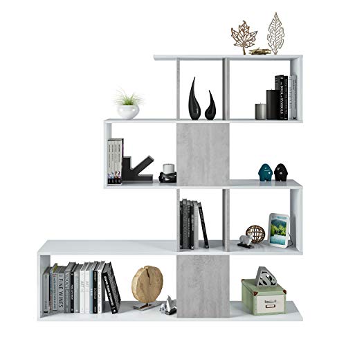 Habitdesign 1L2251A - Estantería Comedor, librería Auxiliar Salon con estantes, Modelo Zig Zag, Medidas: 45 x 145 x 29 cm de Fondo (Blanco Artik y Gris Cemento)
