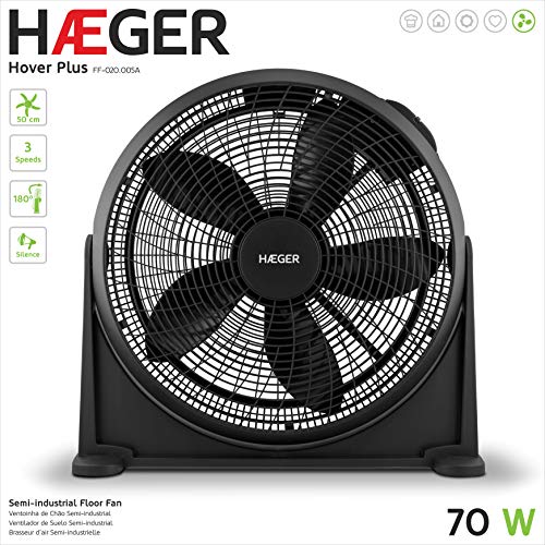 HAEGER HOVER PLUS - Ventilador de Suelo Industrial con diámetro de 50 cm, 3 velocidades, motor alta durabilidad 100% cobre, ajustable verticalmente 180º