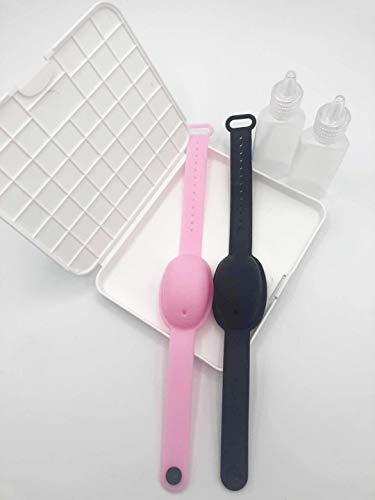 Haioo 2 Piezas de Pulseras Dispensadoras de Gel Desinfectante de Manos con Botella para Recargar + 1 Caja de Mascarilla Fabricado en España, Distintos Colores para Niños y Adultos (Color 1)