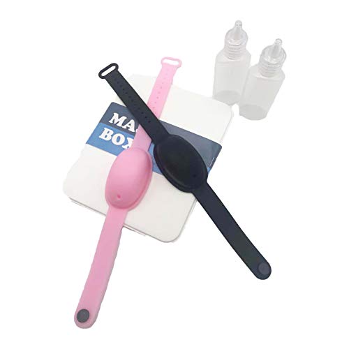 Haioo 2 Piezas de Pulseras Dispensadoras de Gel Desinfectante de Manos con Botella para Recargar + 1 Caja de Mascarilla Fabricado en España, Distintos Colores para Niños y Adultos (Color 1)