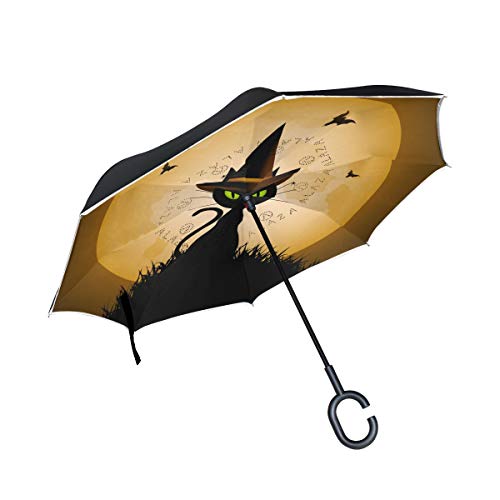 Halloween Cat Witchs Magic Full Moon Nature Reverse Umbrella Windproof with C-Shaped Handle for C-Umbrella Outdoor Umbrella Patio Umbrella