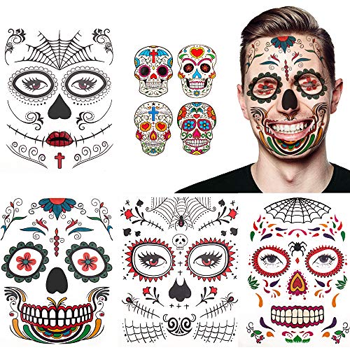 Halloween tatuaje facial temporal paquete de 8 kit de maquillaje de calavera suministros de fiesta de disfraces de Halloween