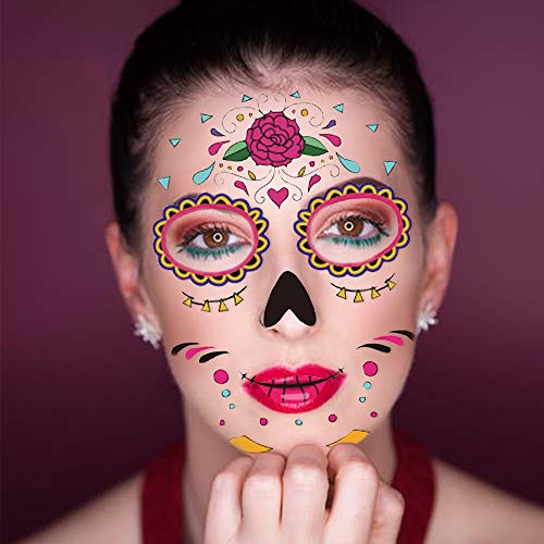halloween tatuajes temporales de cara (9 hojas), halloween mascarada Día de los Muertos esqueleto cráneo cara completa tatuajes de maquillaje para mujeres Hombres adultos Niños Halloween Mascarada