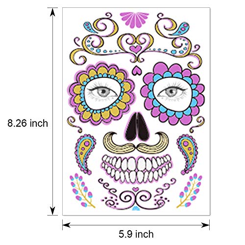 halloween tatuajes temporales de cara (9 hojas), halloween mascarada Día de los Muertos esqueleto cráneo cara completa tatuajes de maquillaje para mujeres Hombres adultos Niños Halloween Mascarada