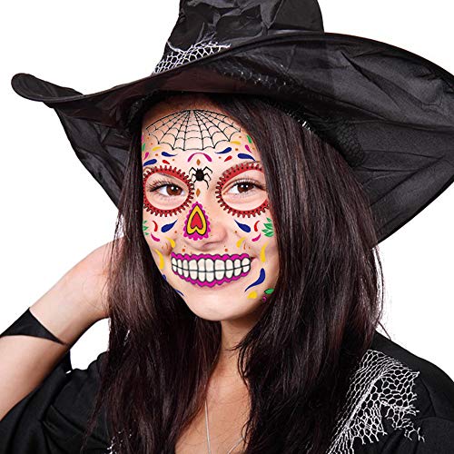 halloween tatuajes temporales de cara (9 hojas), halloween mascarada Día de los Muertos esqueleto cráneo cara completa tatuajes de maquillaje para mujeres Hombres adultos Niños Halloween Mascarada