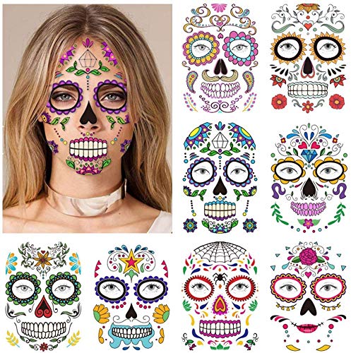 halloween tatuajes temporales de cara (9 hojas), halloween mascarada Día de los Muertos esqueleto cráneo cara completa tatuajes de maquillaje para mujeres Hombres adultos Niños Halloween Mascarada