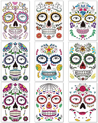 halloween tatuajes temporales de cara (9 hojas), halloween mascarada Día de los Muertos esqueleto cráneo cara completa tatuajes de maquillaje para mujeres Hombres adultos Niños Halloween Mascarada