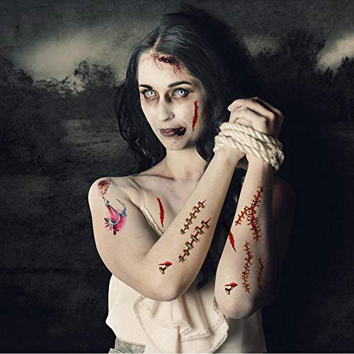 halloween tatuajes temporales, Howaf Halloween Zombie Cicatrices Tatuajes Falso Sangre Tatuajes temporales Terror Herida para Mujeres hombres halloween disfraz Costume Maquillaje, 10 hojas