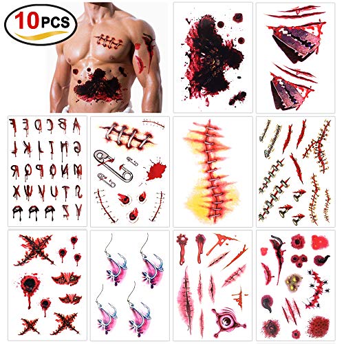 halloween tatuajes temporales, Howaf Halloween Zombie Cicatrices Tatuajes Falso Sangre Tatuajes temporales Terror Herida para Mujeres hombres halloween disfraz Costume Maquillaje, 10 hojas