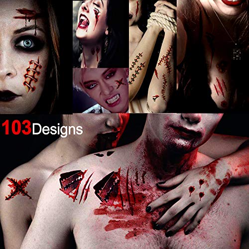 halloween tatuajes temporales, Howaf Halloween Zombie Cicatrices Tatuajes Falso Sangre Tatuajes temporales Terror Herida para Mujeres hombres halloween disfraz Costume Maquillaje, 10 hojas