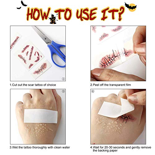 Halloween Tatuajes Temporales,30 Hojas (175 Patrones) Cicatrices Tatuajes Pegatinas,Tatuajes de Zombis,Etiqueta Temporal Impermeable Extraíble para Halloween, Cosplay,Accesorios de Maquillaje,Partido