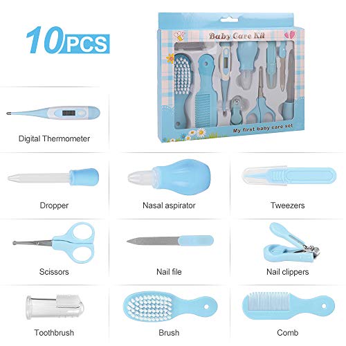 HALOVIE Set para Cuidado de Bebe 10 piezas Kit de Cuidado Diario Neceser de Aseo Termómetro Infantil Tijeras Cortaúñas Lima de Uñas Cepillo de Pelo Peine Aspirador Nasal Cepillo de Dientes de Dedo