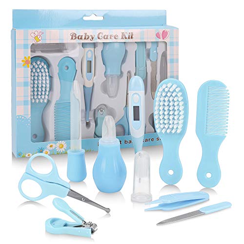 HALOVIE Set para Cuidado de Bebe 10 piezas Kit de Cuidado Diario Neceser de Aseo Termómetro Infantil Tijeras Cortaúñas Lima de Uñas Cepillo de Pelo Peine Aspirador Nasal Cepillo de Dientes de Dedo