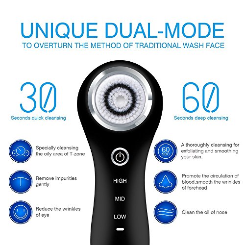 Hangsun Limpiador Facial Electrico SC200 Cepillo Facial Sonico Resistente al Agua Cepillo Limpieza de Cutis + 3 cabezales (Negro)