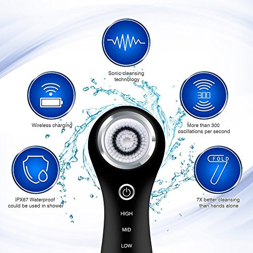 Hangsun Limpiador Facial Electrico SC200 Cepillo Facial Sonico Resistente al Agua Cepillo Limpieza de Cutis + 3 cabezales (Negro)