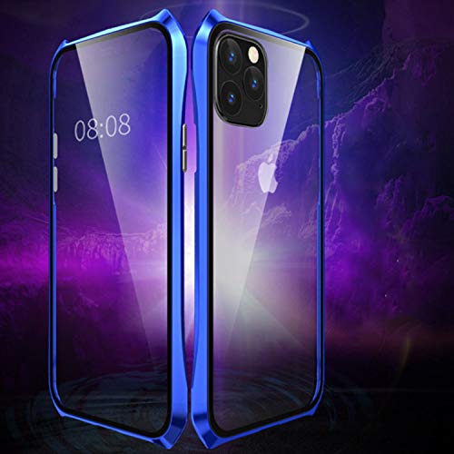 Haobuy Magnética Funda para iPhone 11 Pro, Carcasas Transparente Vidrio Templado Doble Cara Marco metálico, Funda Completa 360 Protectora Estuche para iPhone 11 Pro 5.8" [Azul]
