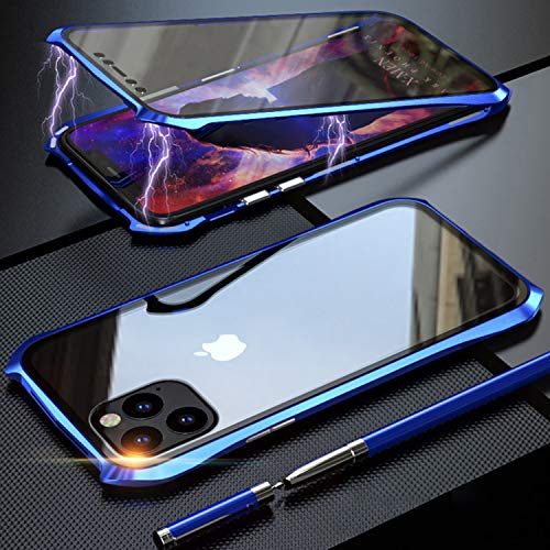 Haobuy Magnética Funda para iPhone 11 Pro, Carcasas Transparente Vidrio Templado Doble Cara Marco metálico, Funda Completa 360 Protectora Estuche para iPhone 11 Pro 5.8" [Azul]