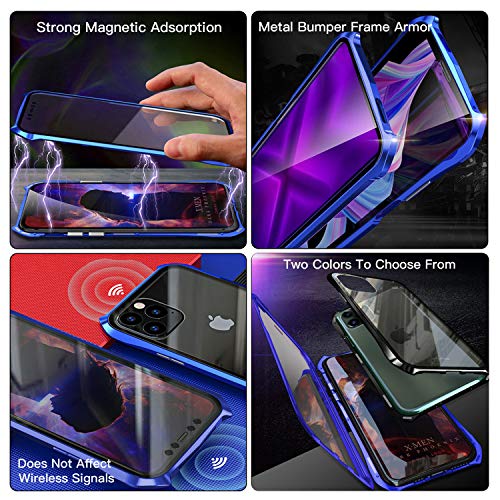 Haobuy Magnética Funda para iPhone 11 Pro, Carcasas Transparente Vidrio Templado Doble Cara Marco metálico, Funda Completa 360 Protectora Estuche para iPhone 11 Pro 5.8" [Azul]