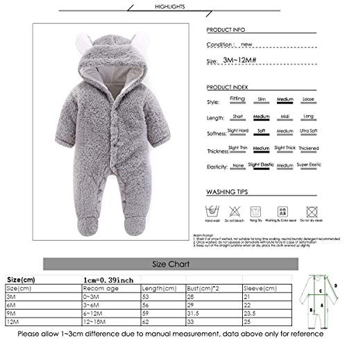 Haokaini - Traje de Nieve cálido para bebé Oso, Mono de Mameluco con Capucha de Felpa de algodón para niñas niño (0-3 Meses, Gris)